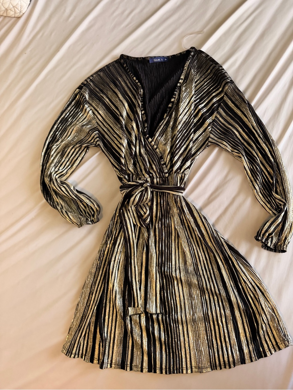 Black & Gold Metallic Long-Sleeve Wrap Dress with Tie Belt